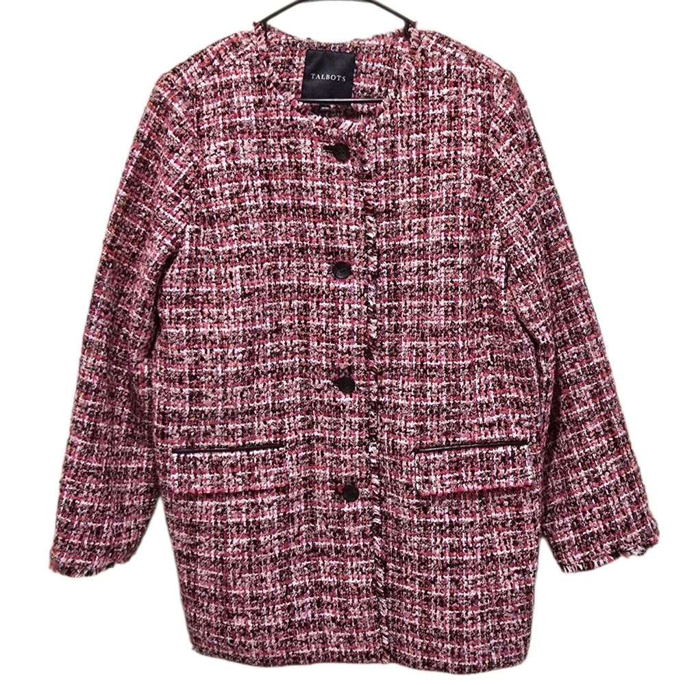 Talbots Pink Pinewood Tweed Wool Blend Coat With Frayed Edges Size 12 - Picture 3 of 13